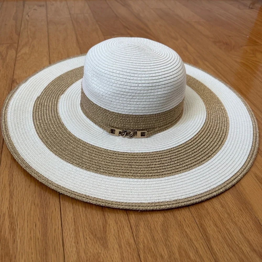 Scala OS White Gold Sun Hat Wide Brim Striped Metallic Chain Detail Beach Summer